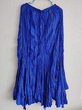 Royal Blue Crinkled Long Cotton Skirt With Curved Stripes -